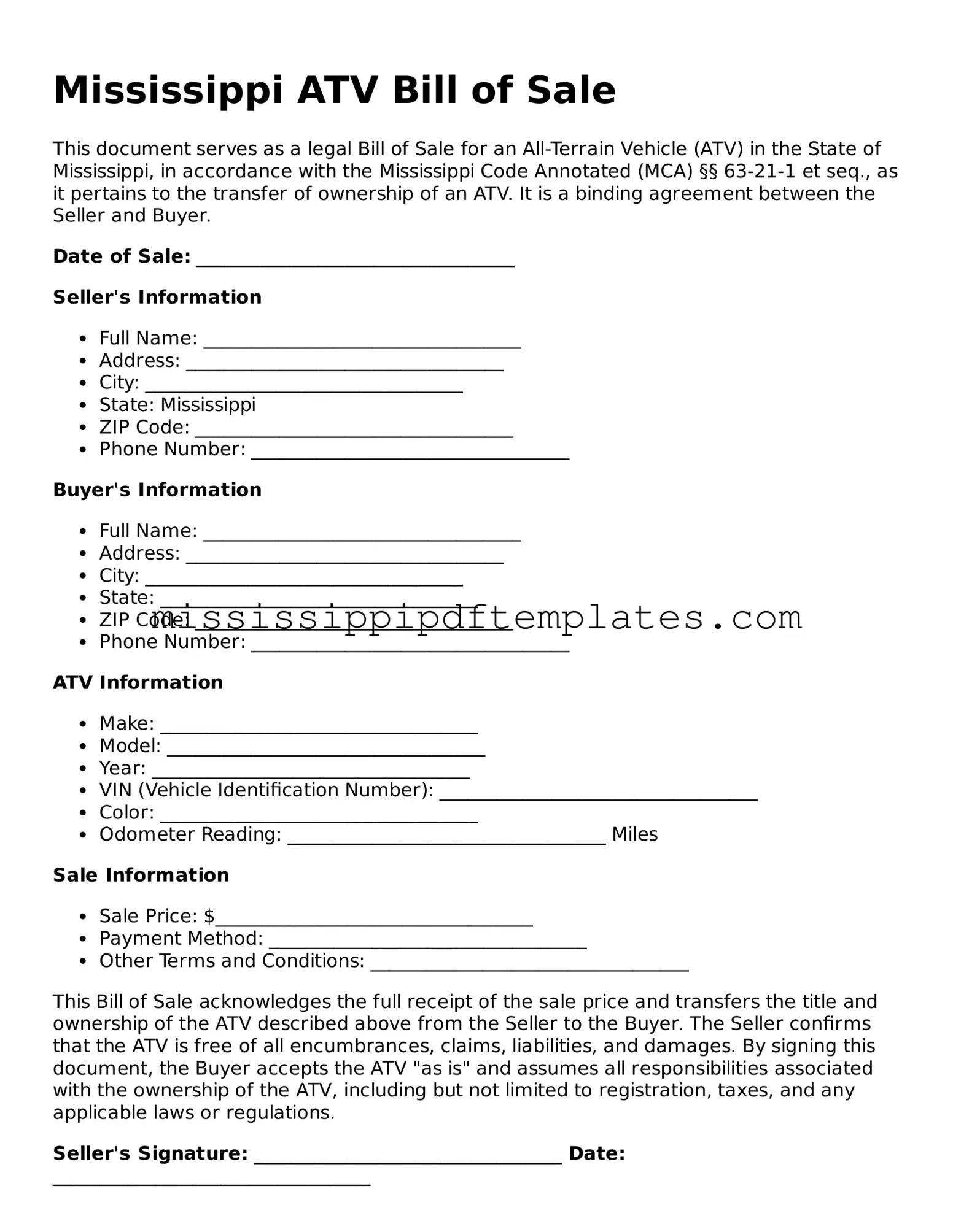 Attorney-Approved  ATV Bill of Sale Template for Mississippi