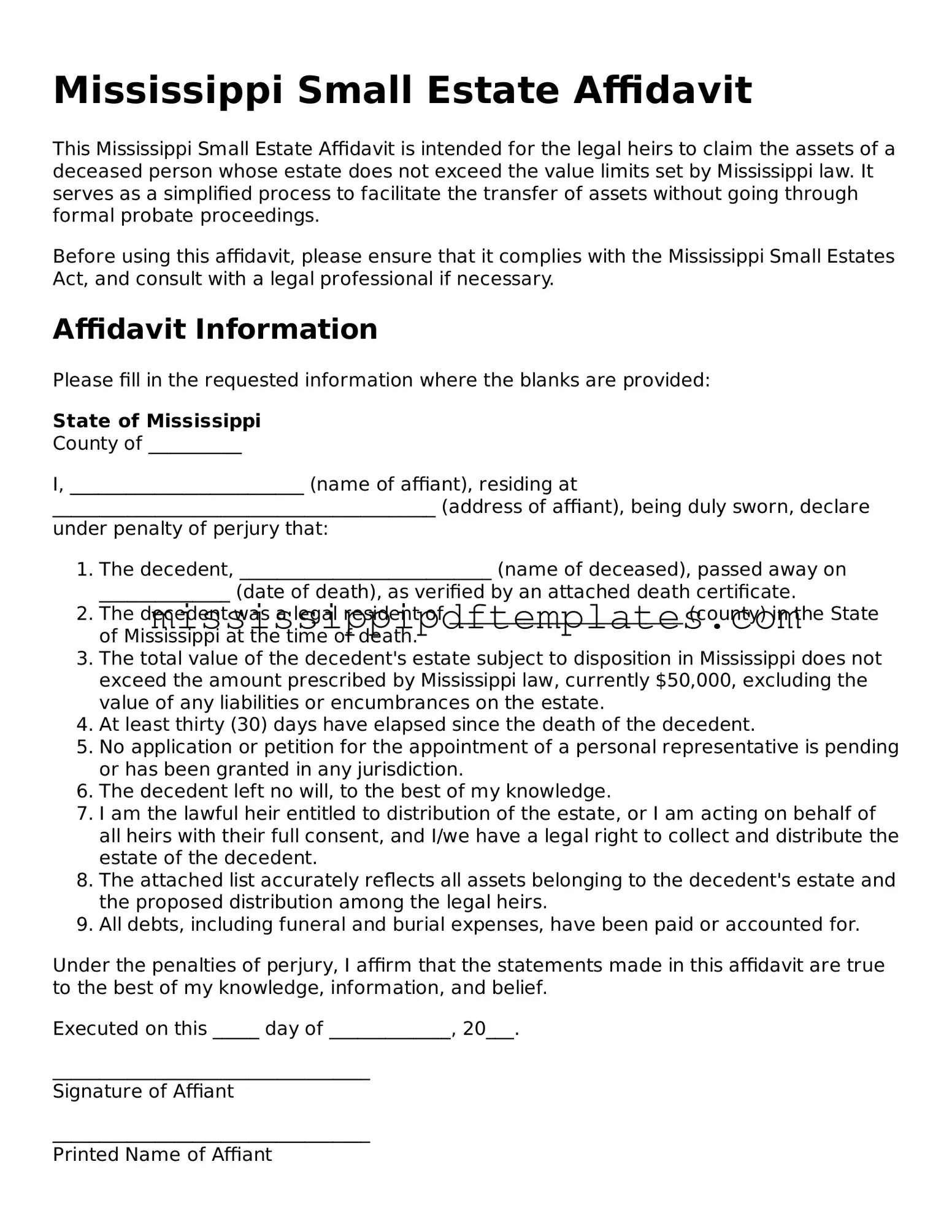 Attorney-Approved  Small Estate Affidavit Template for Mississippi