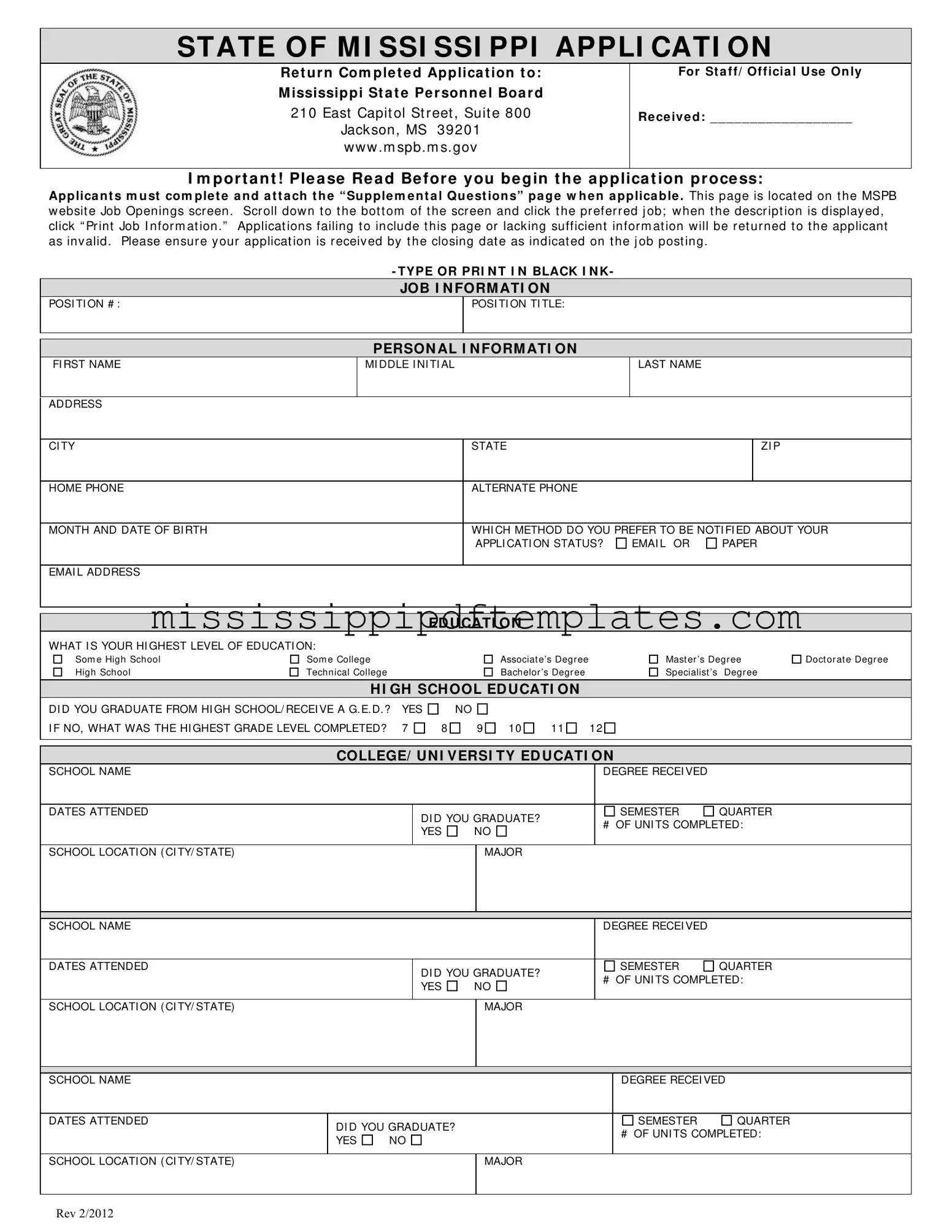 Fill in Your Mississippi Application Template