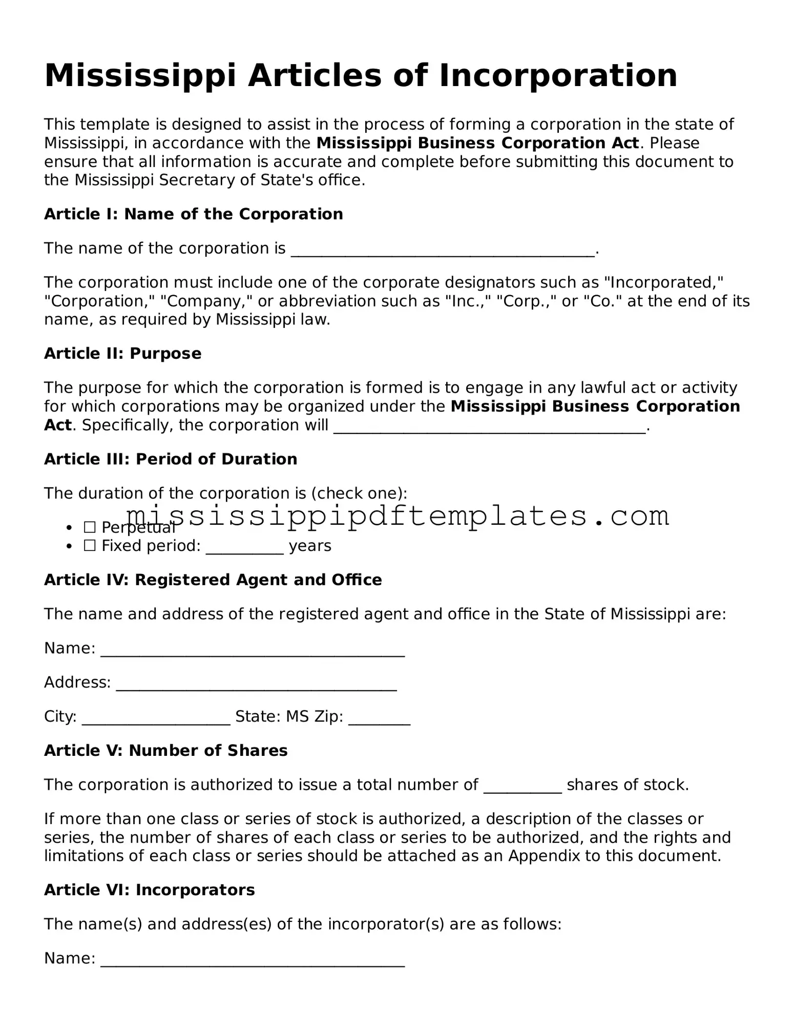 Attorney-Approved  Articles of Incorporation Template for Mississippi
