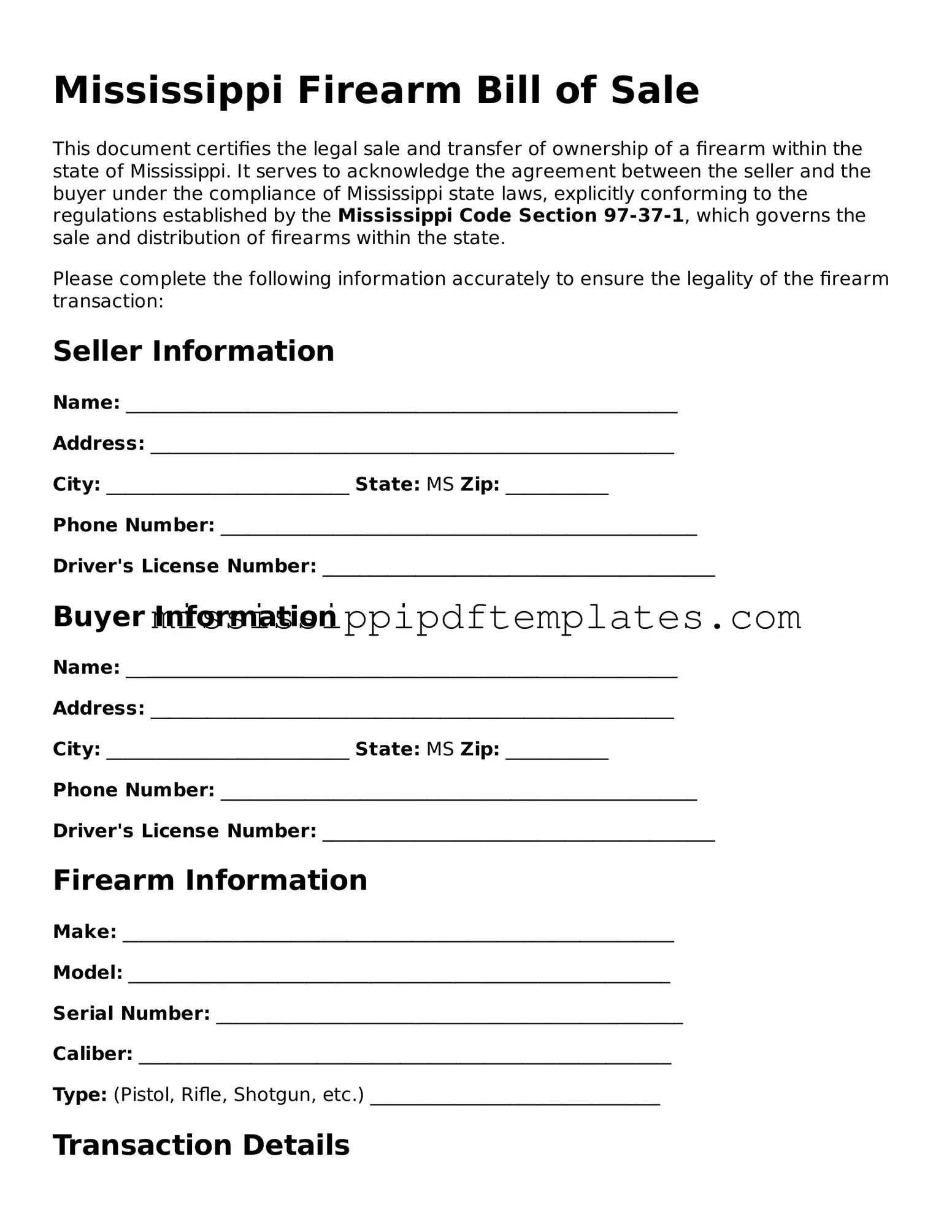 Attorney-Approved  Firearm Bill of Sale Template for Mississippi