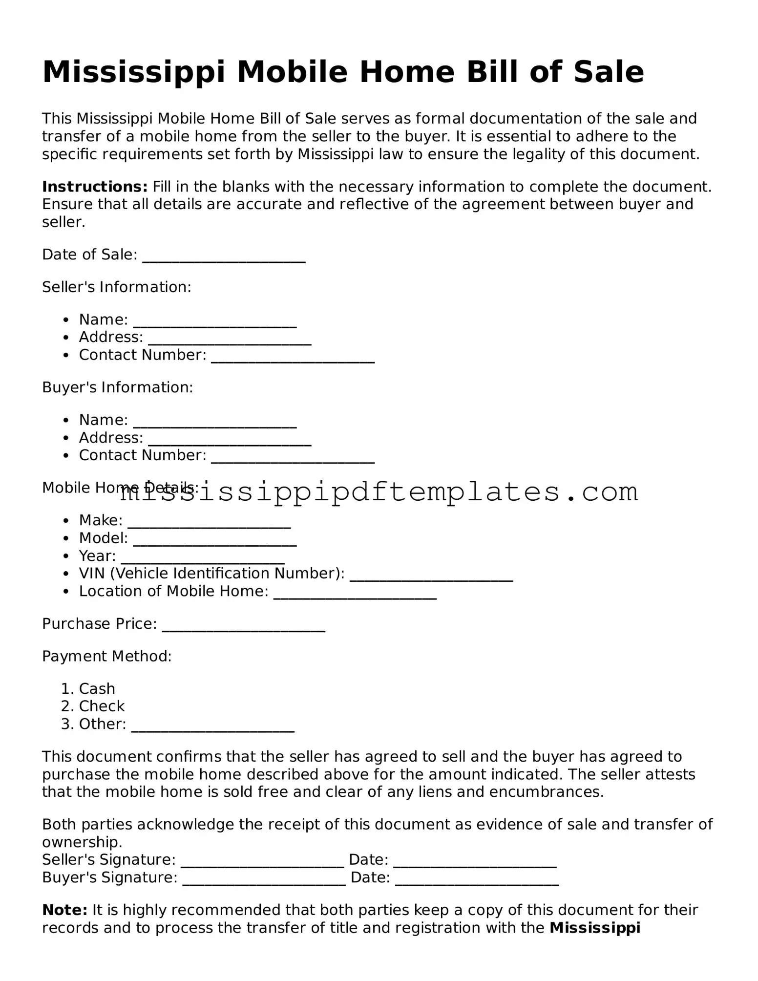 Attorney-Approved  Mobile Home Bill of Sale Template for Mississippi