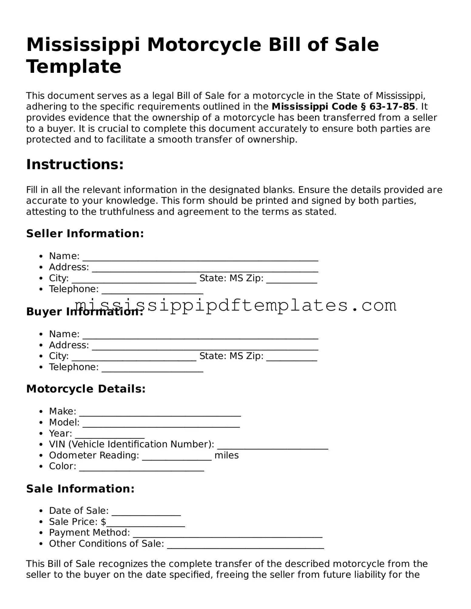 Attorney-Approved  Motorcycle Bill of Sale Template for Mississippi