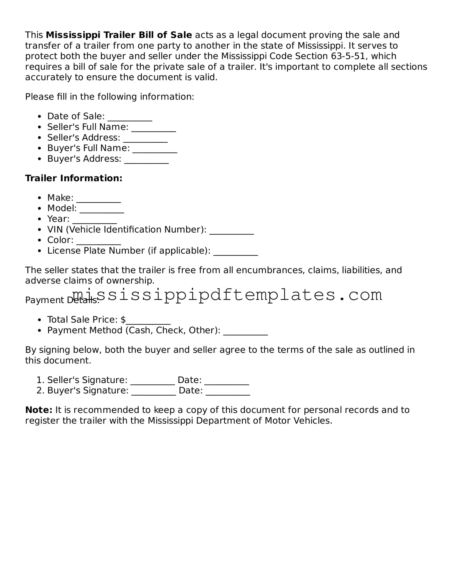 Attorney-Approved  Trailer Bill of Sale Template for Mississippi
