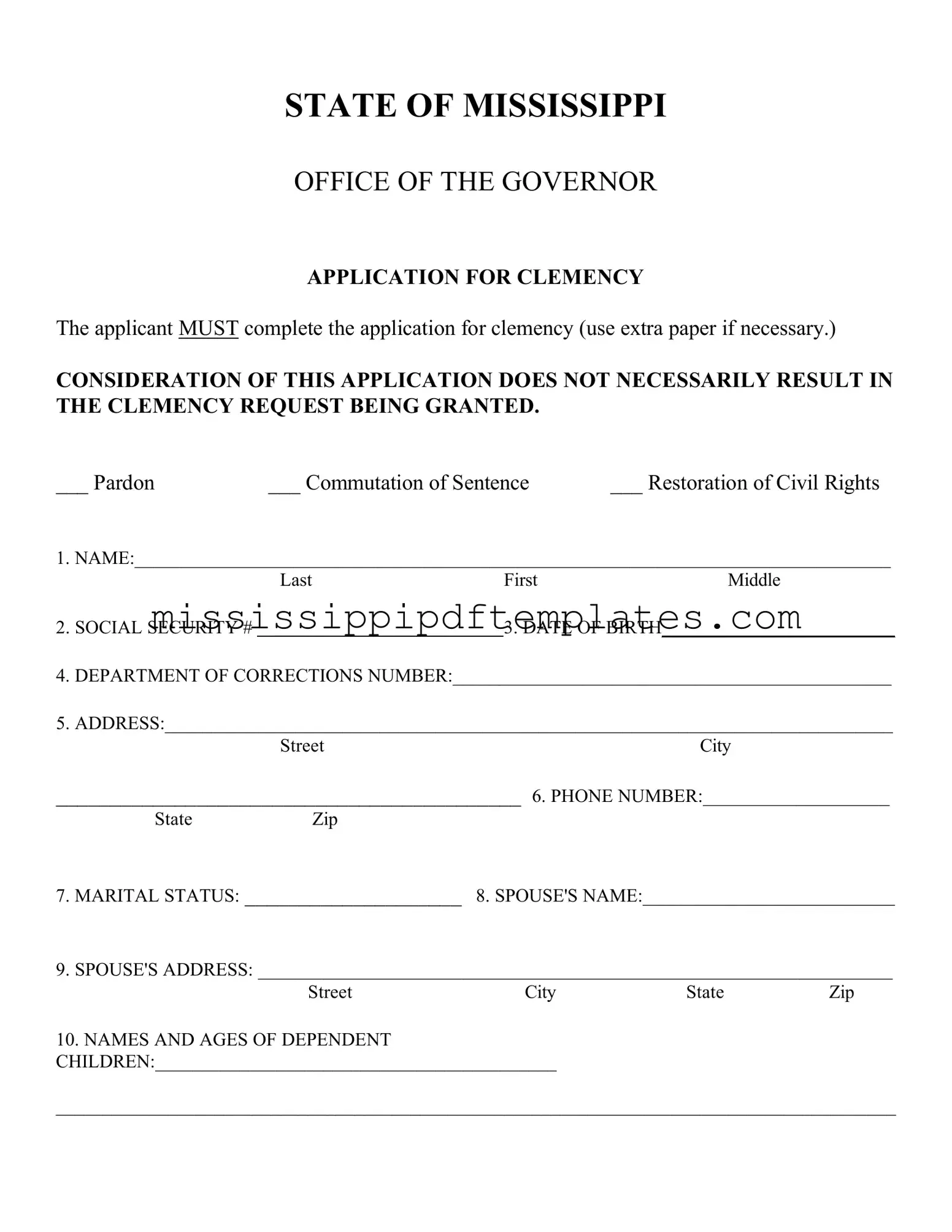 Fill in Your Mississippi Clemency Template