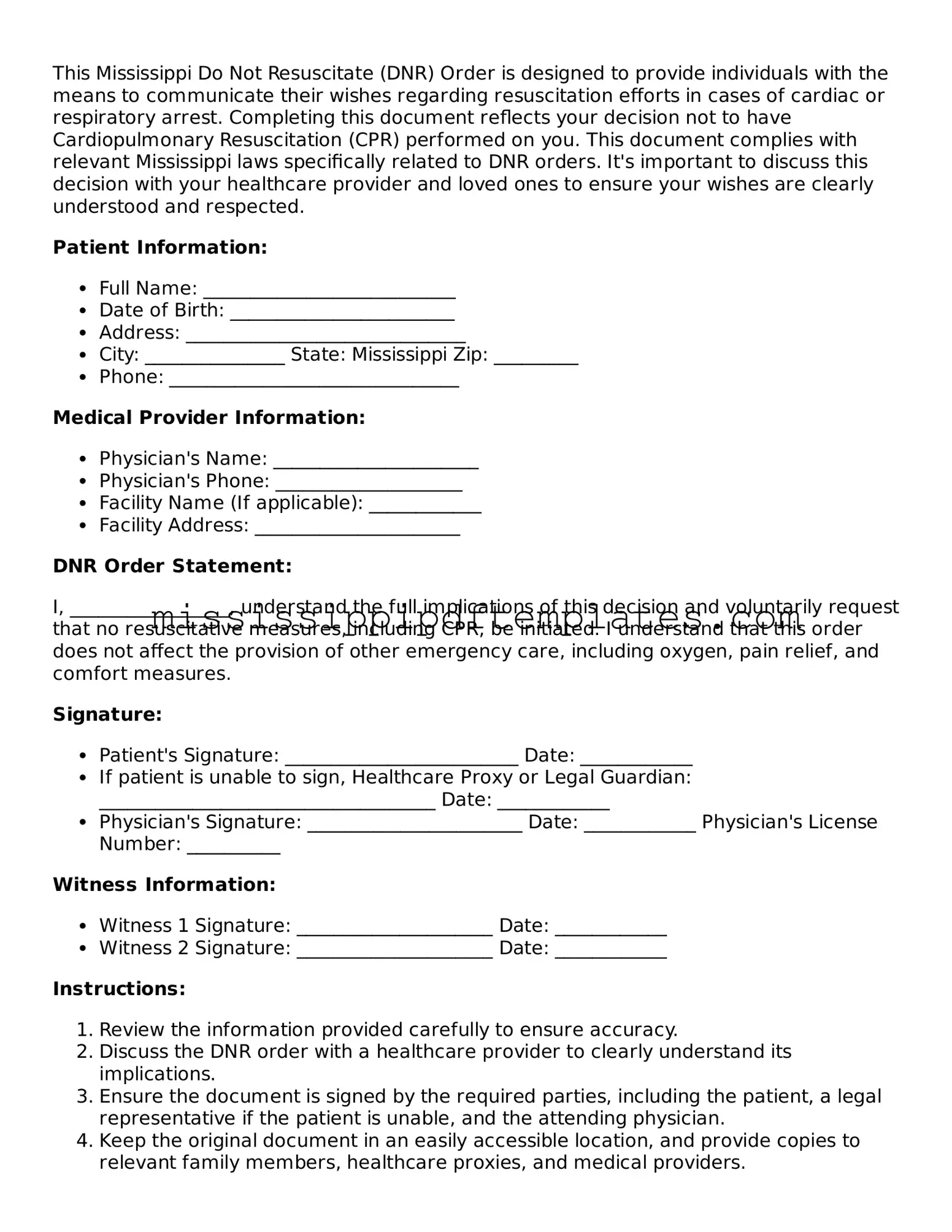 Attorney-Approved  Do Not Resuscitate Order Template for Mississippi