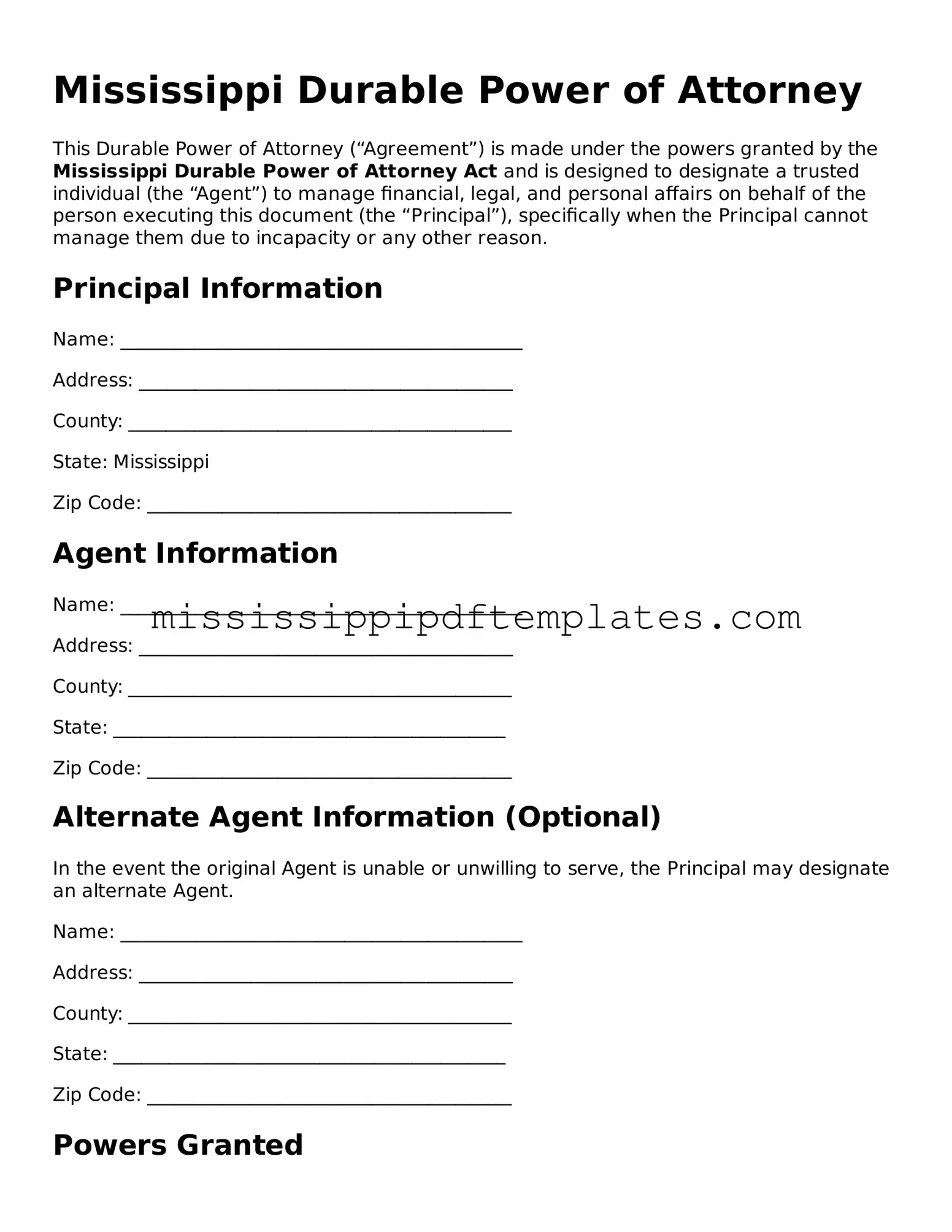Attorney-Approved  Durable Power of Attorney Template for Mississippi