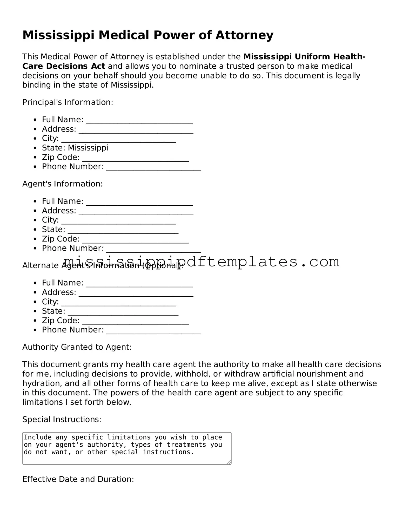 Attorney-Approved  Medical Power of Attorney Template for Mississippi