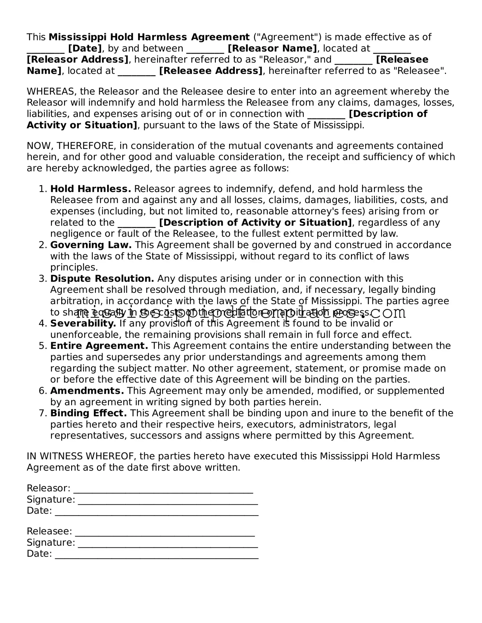 Attorney-Approved  Hold Harmless Agreement Template for Mississippi