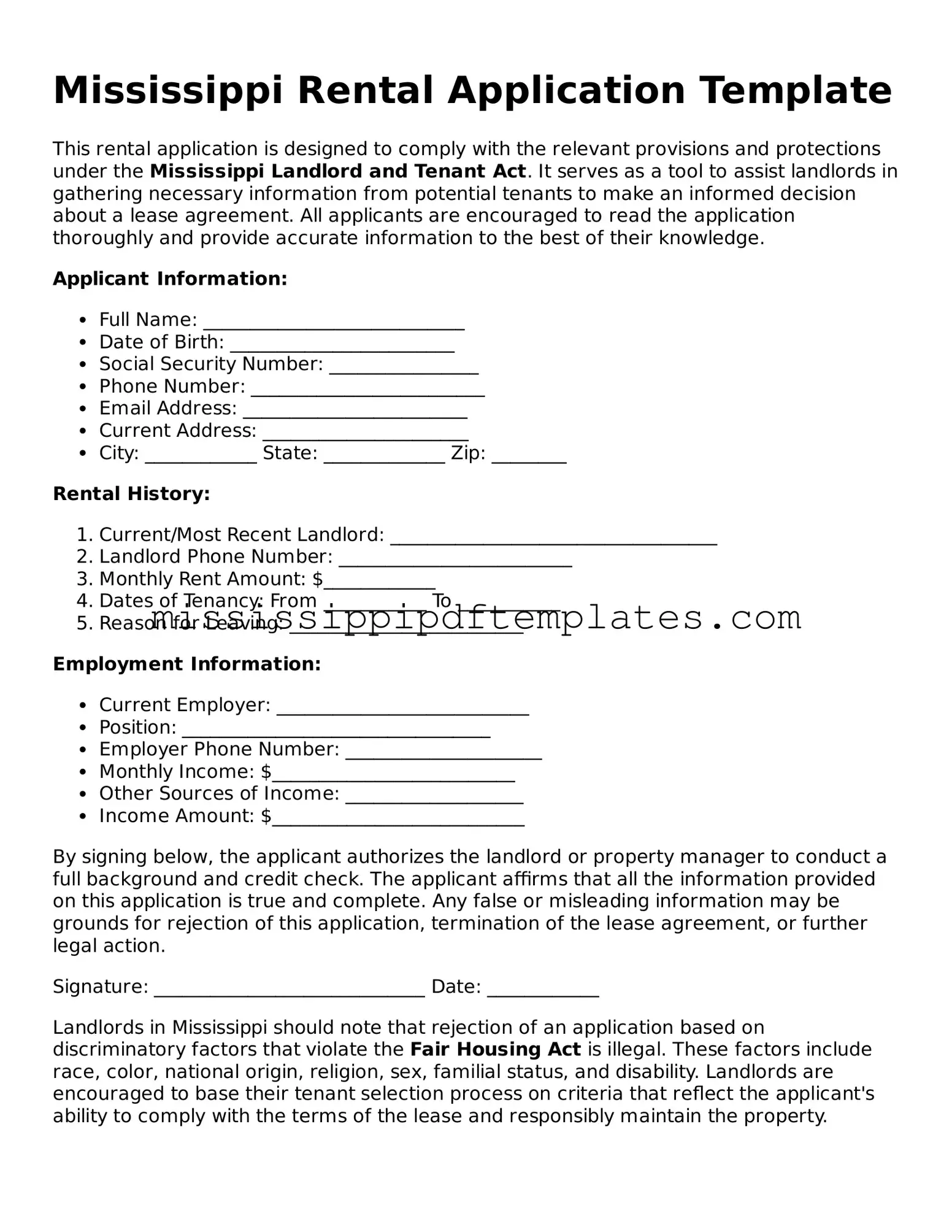 Attorney-Approved  Rental Application Template for Mississippi