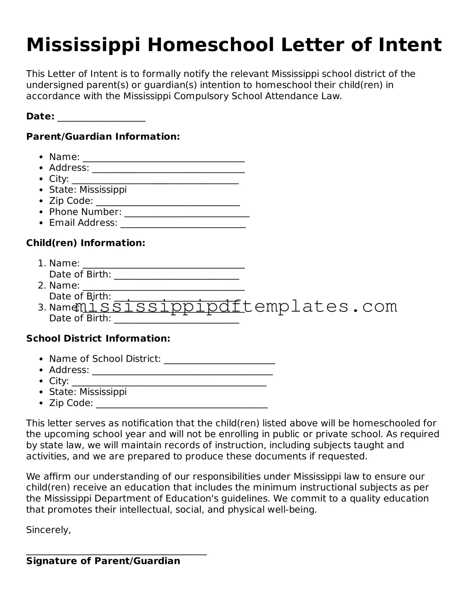 Attorney-Approved  Homeschool Letter of Intent Template for Mississippi