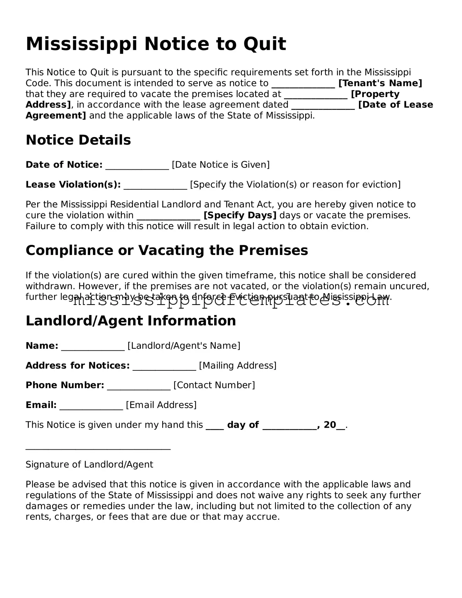 Attorney-Approved  Notice to Quit Template for Mississippi