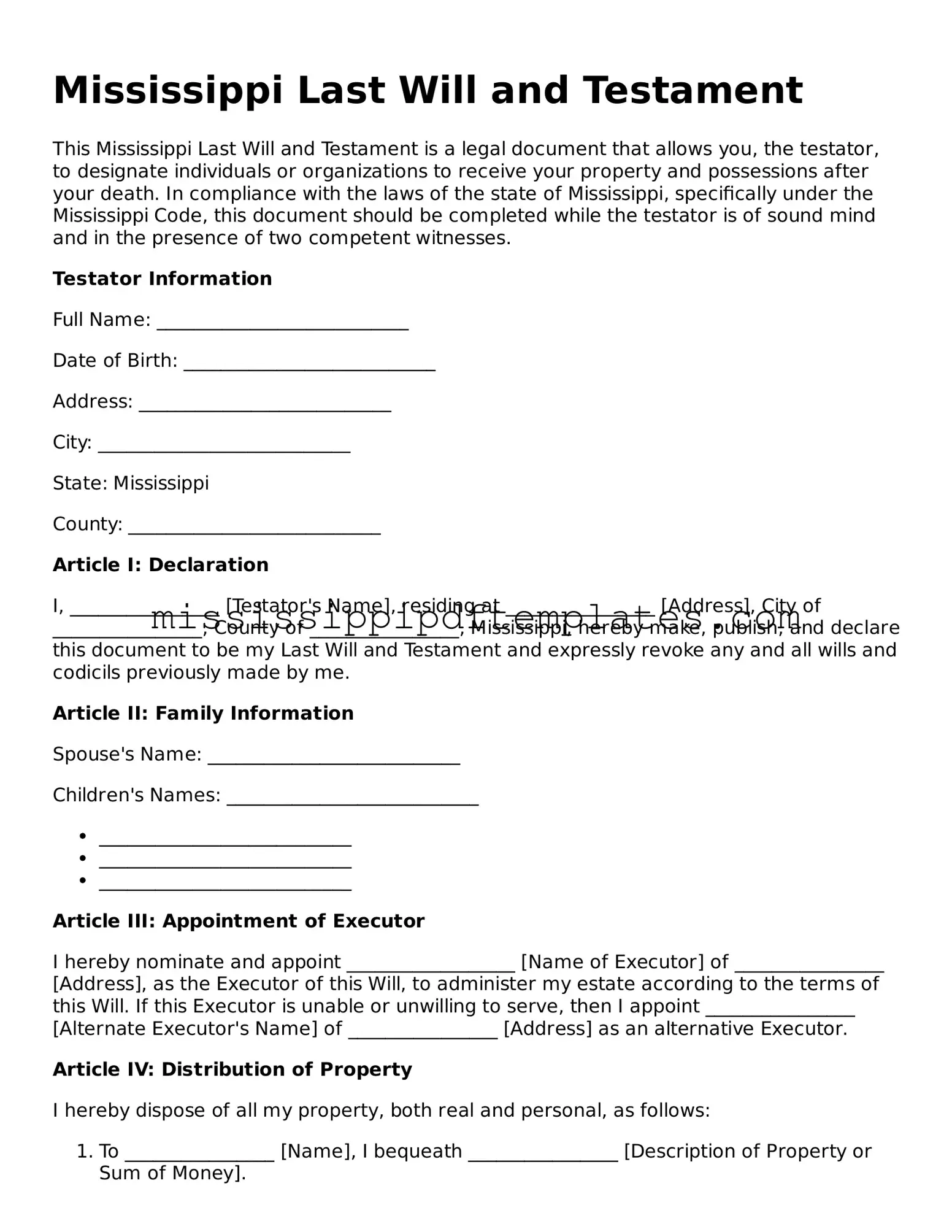 Attorney-Approved  Last Will and Testament Template for Mississippi