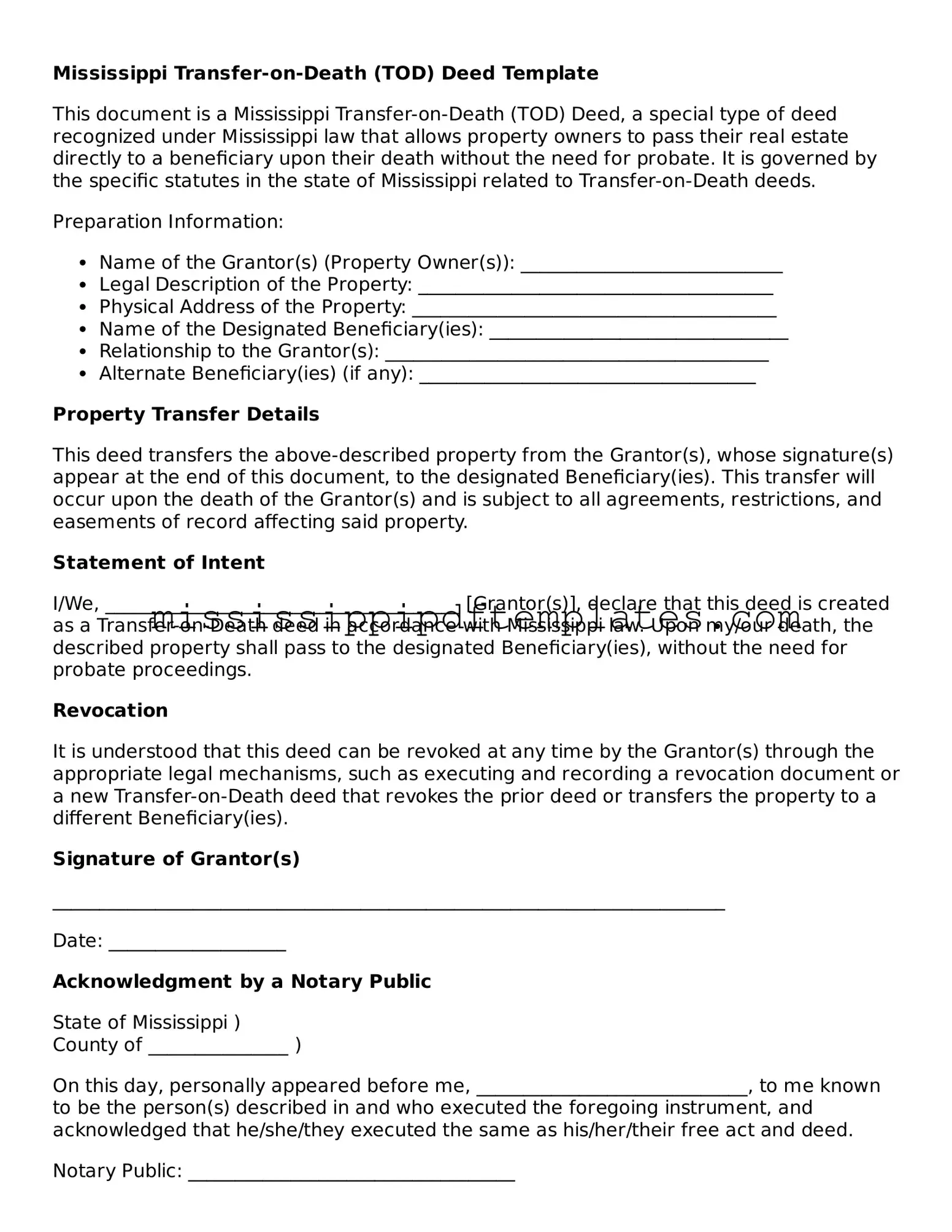 Attorney-Approved  Transfer-on-Death Deed Template for Mississippi