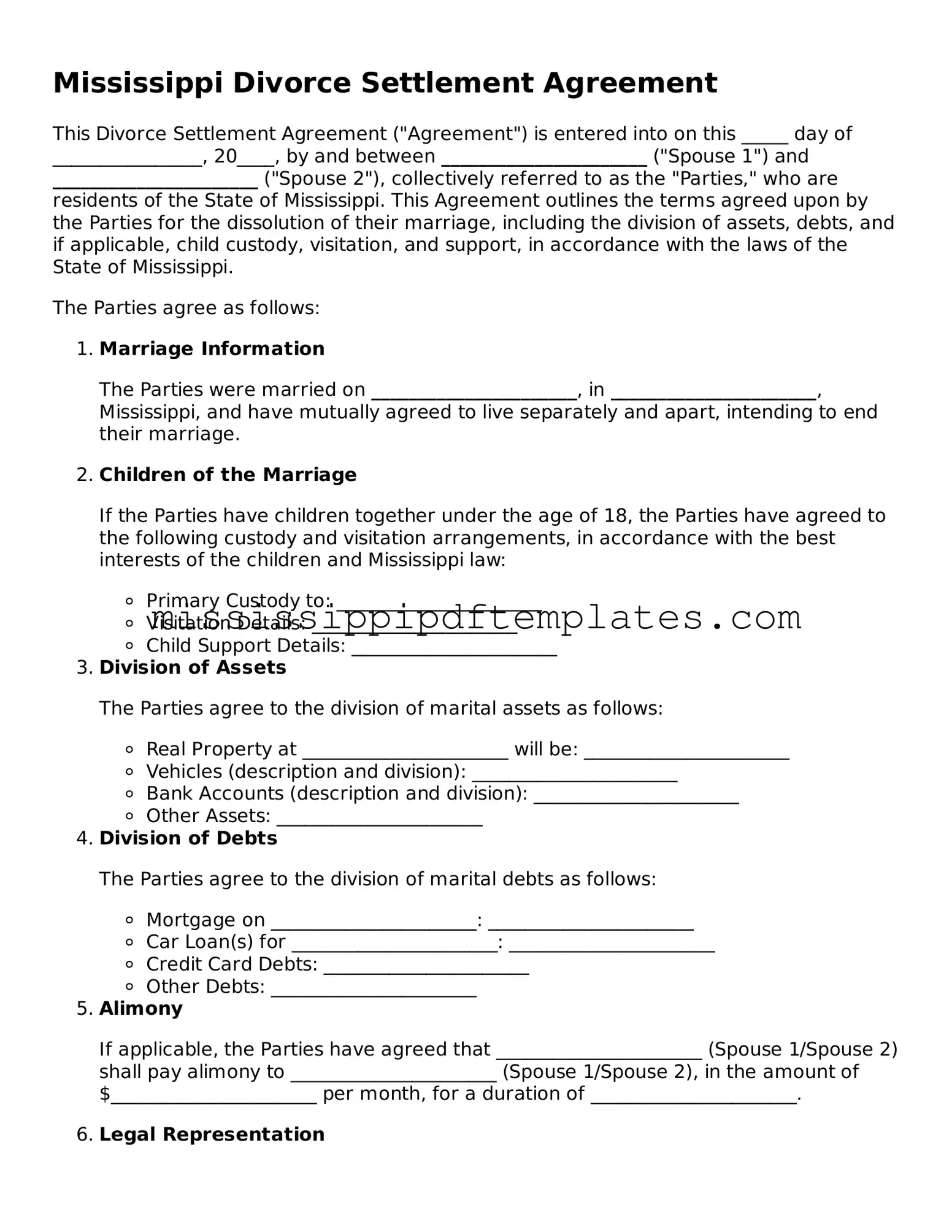 Attorney-Approved  Divorce Settlement Agreement Template for Mississippi
