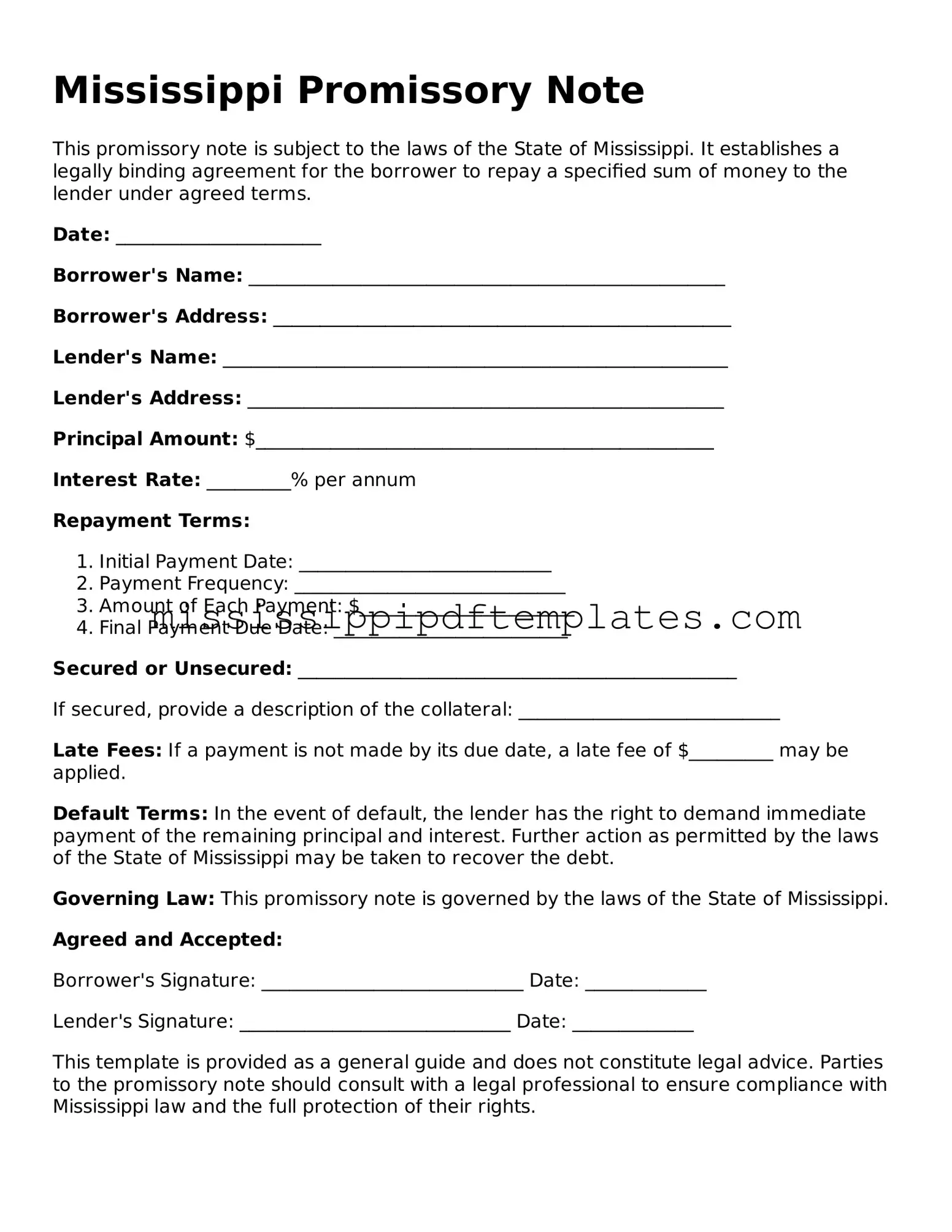 Attorney-Approved  Promissory Note Template for Mississippi