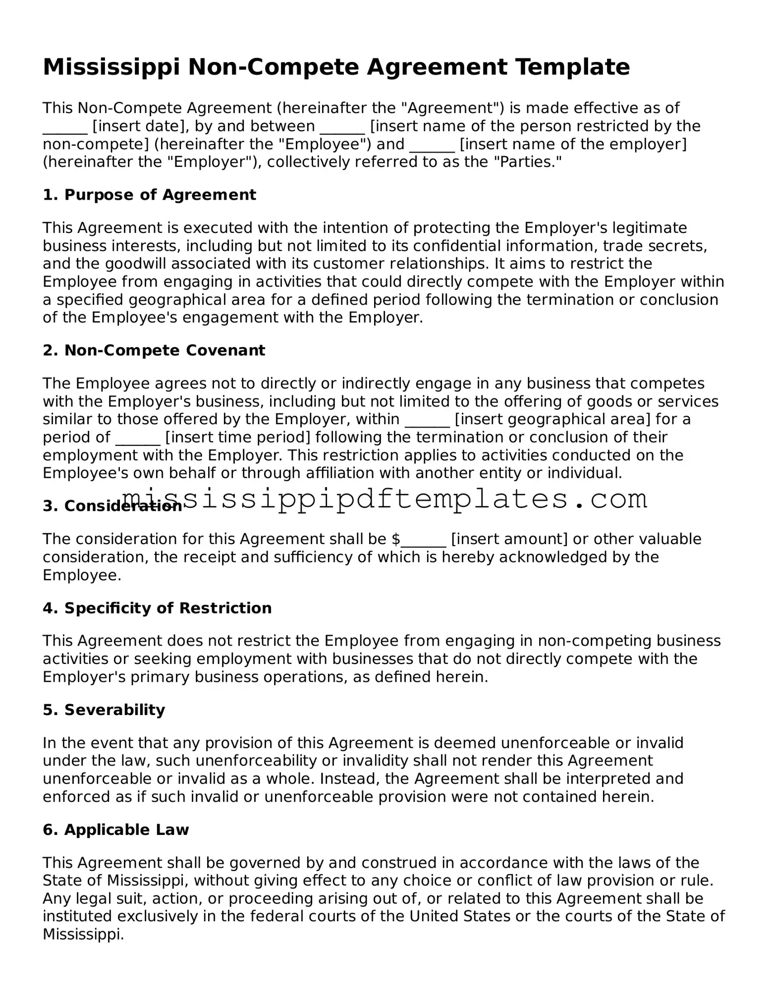 Attorney-Approved  Non-compete Agreement Template for Mississippi