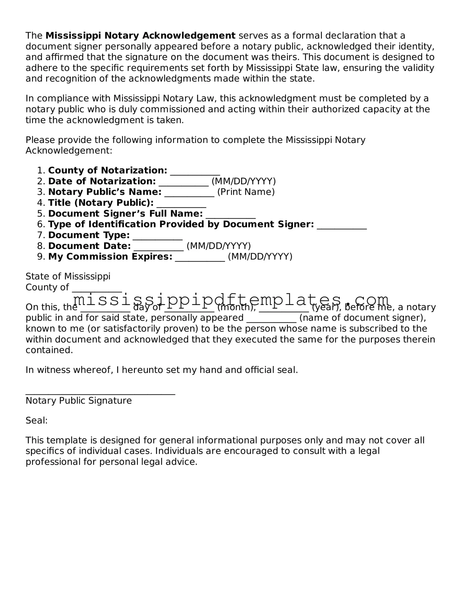 Attorney-Approved  Notary Acknowledgement Template for Mississippi