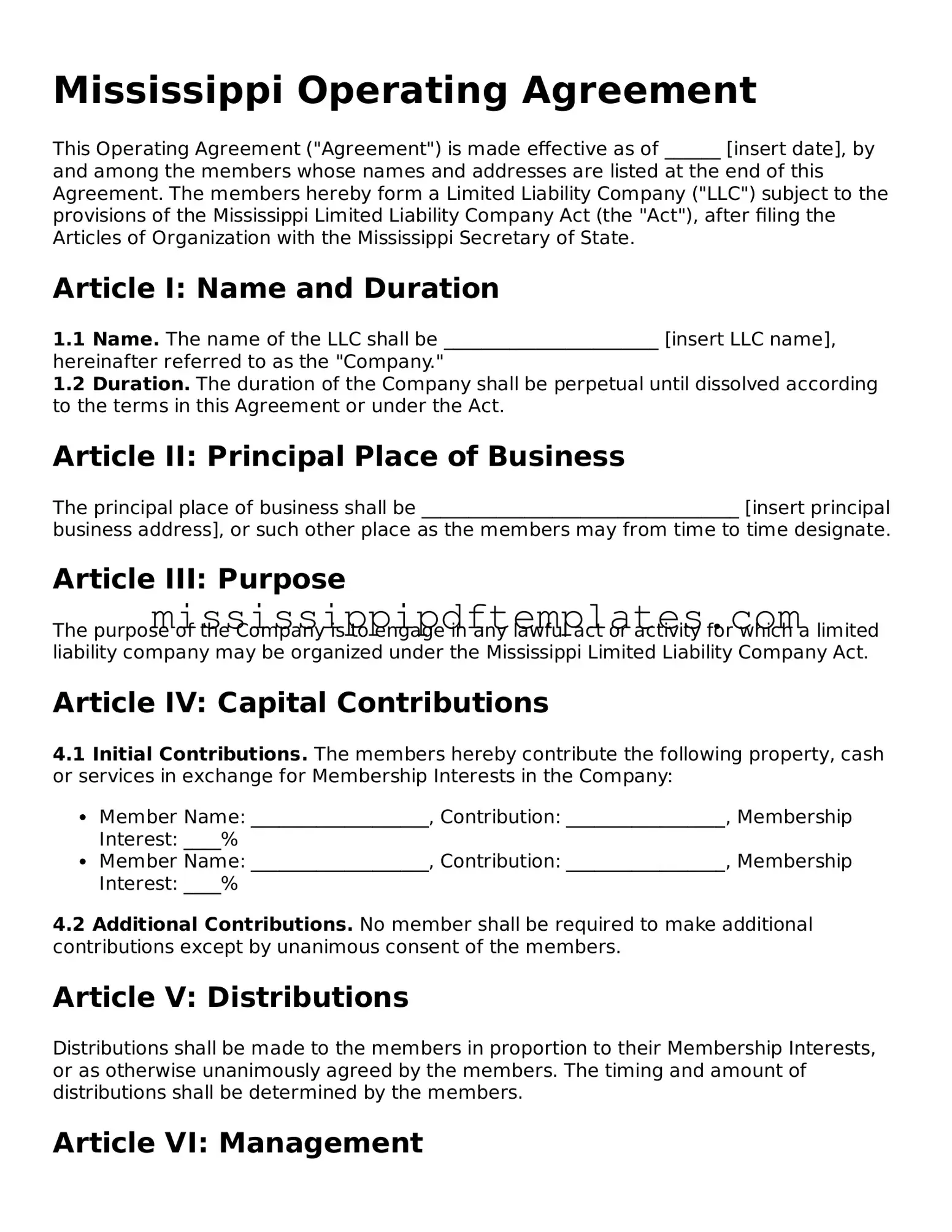 Attorney-Approved  Operating Agreement Template for Mississippi