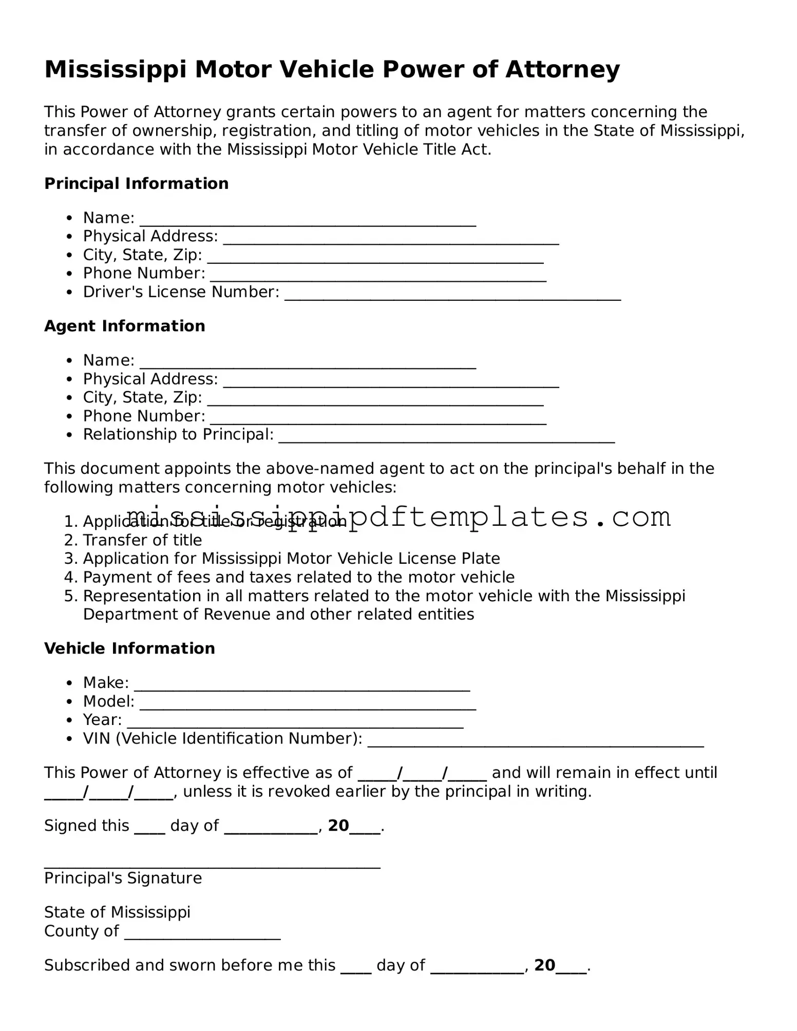 Attorney-Approved  Motor Vehicle Power of Attorney Template for Mississippi
