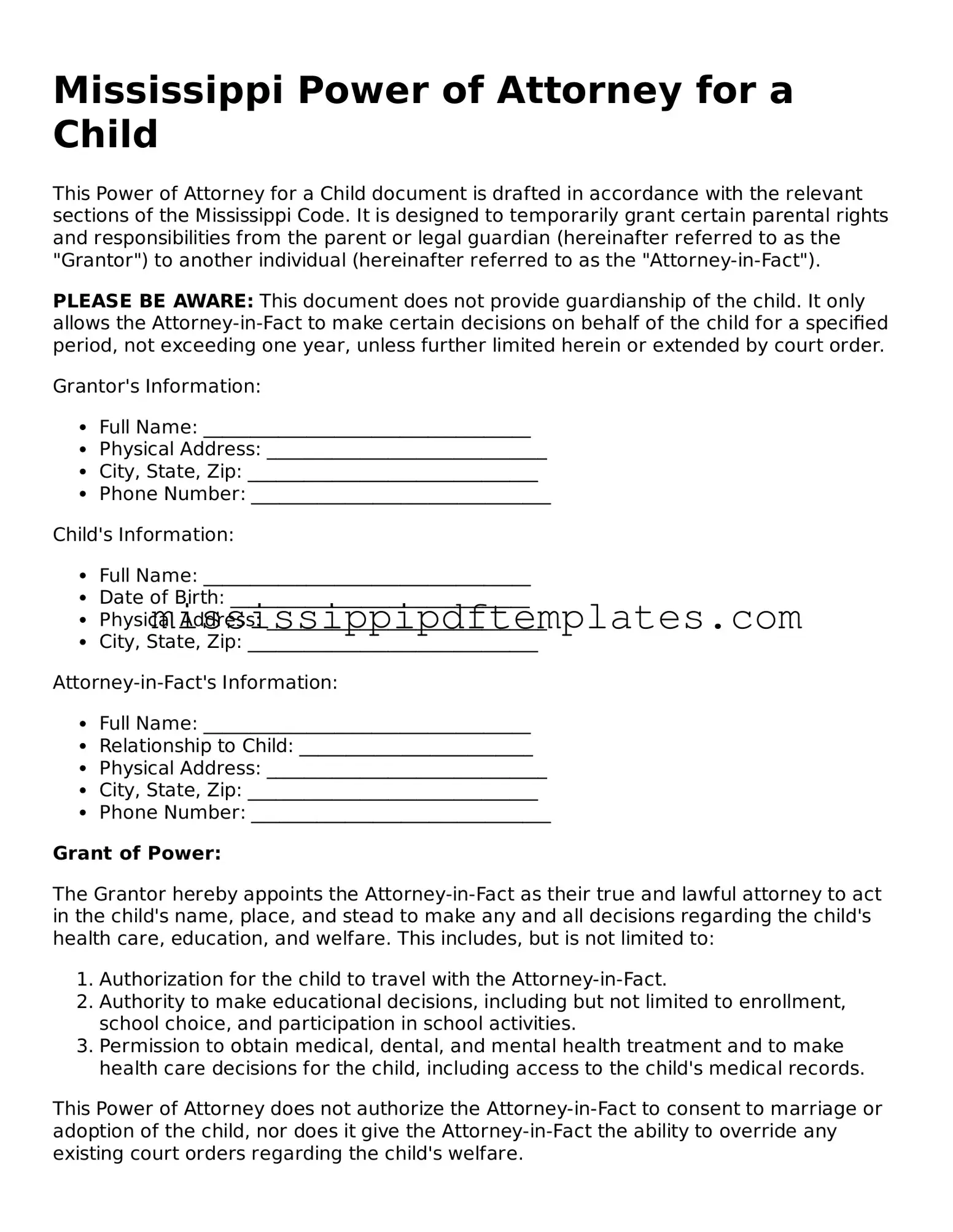 Attorney-Approved  Power of Attorney for a Child Template for Mississippi