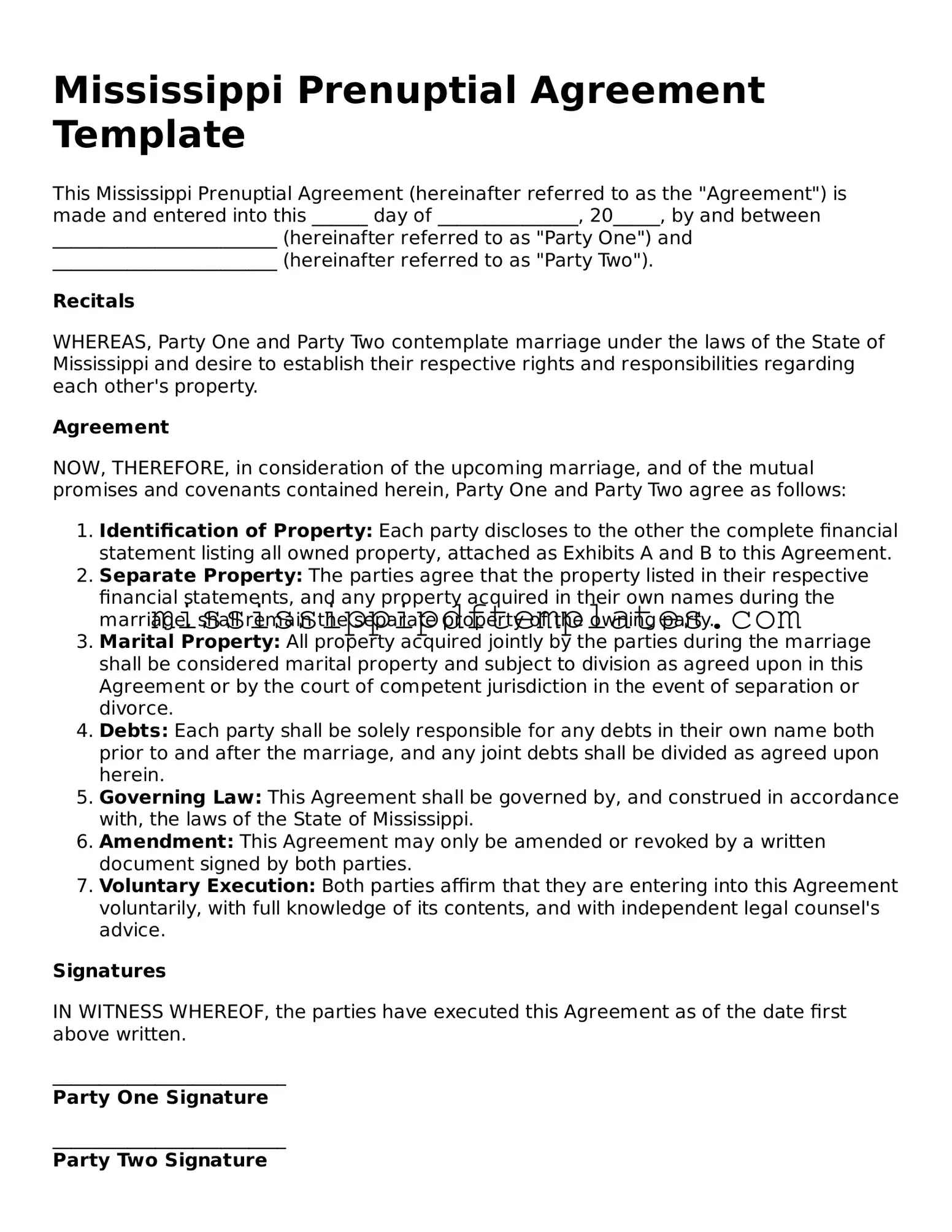 Attorney-Approved  Prenuptial Agreement Template for Mississippi