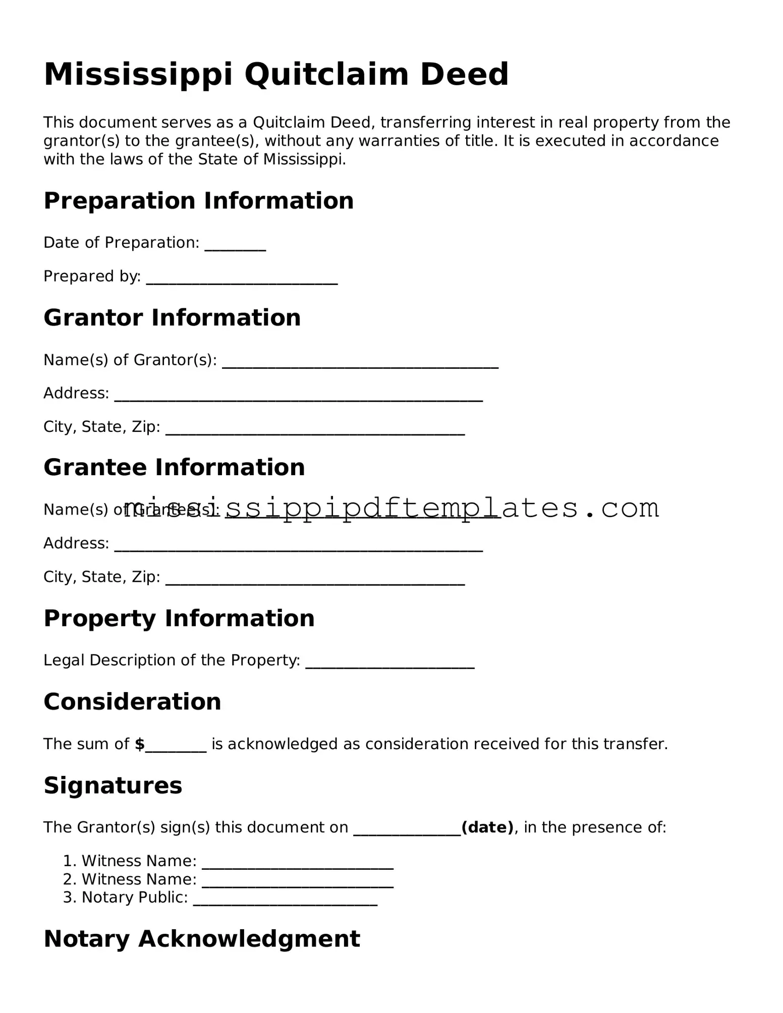 Attorney-Approved  Quitclaim Deed Template for Mississippi