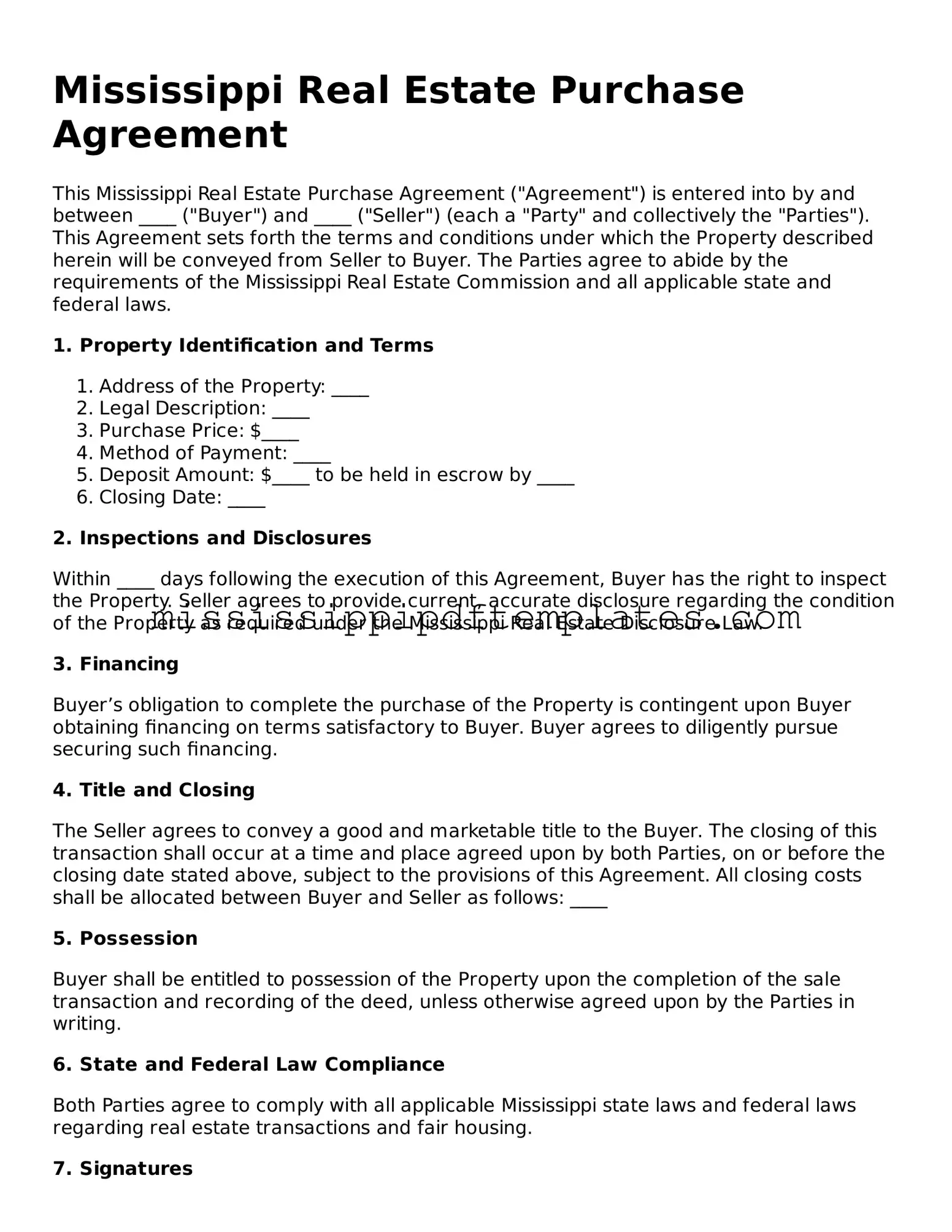 Attorney-Approved  Real Estate Purchase Agreement Template for Mississippi