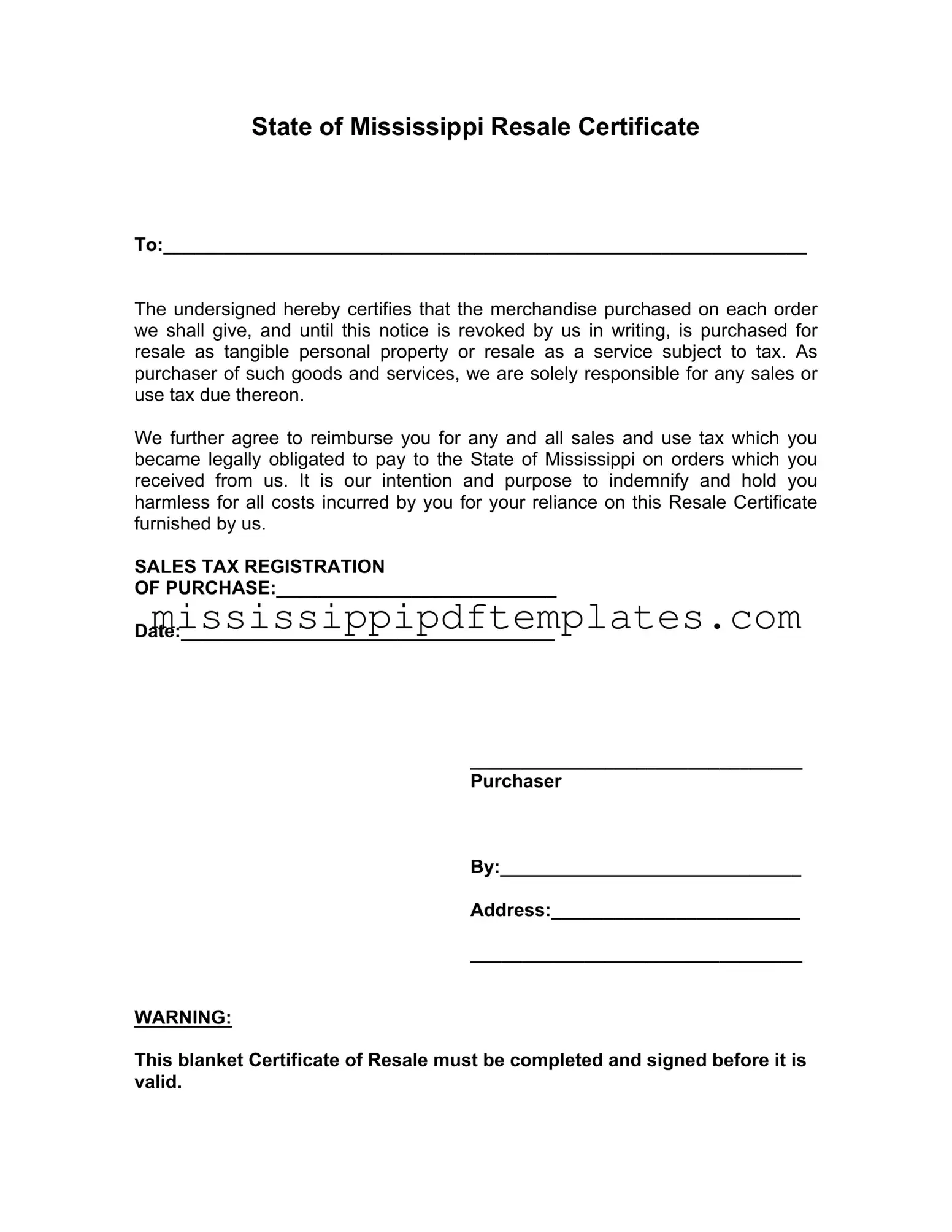 Fill in Your Mississippi Resale Certificate Template