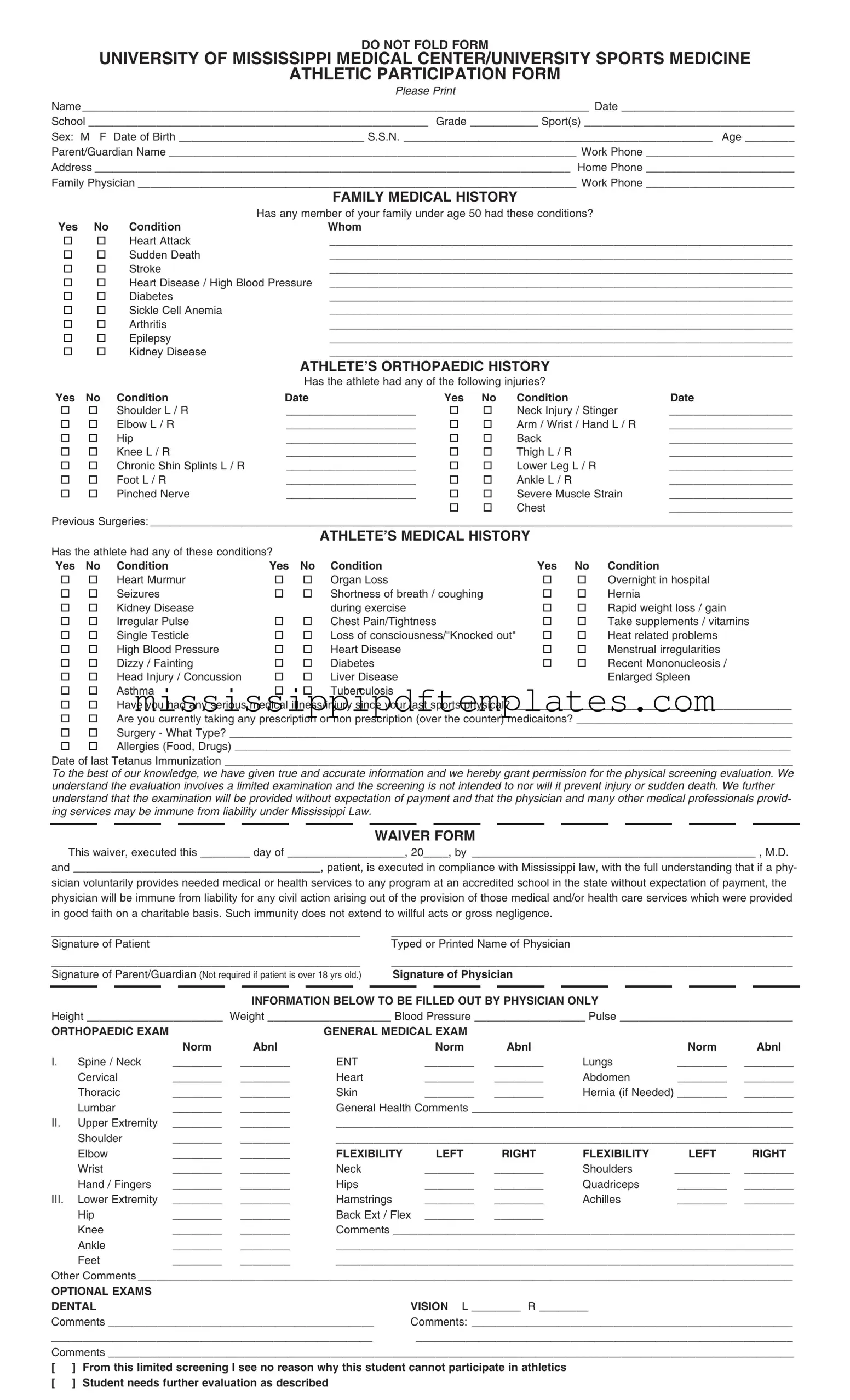 Fill in Your Mississippi Sports Medicine Athletics Physical Template
