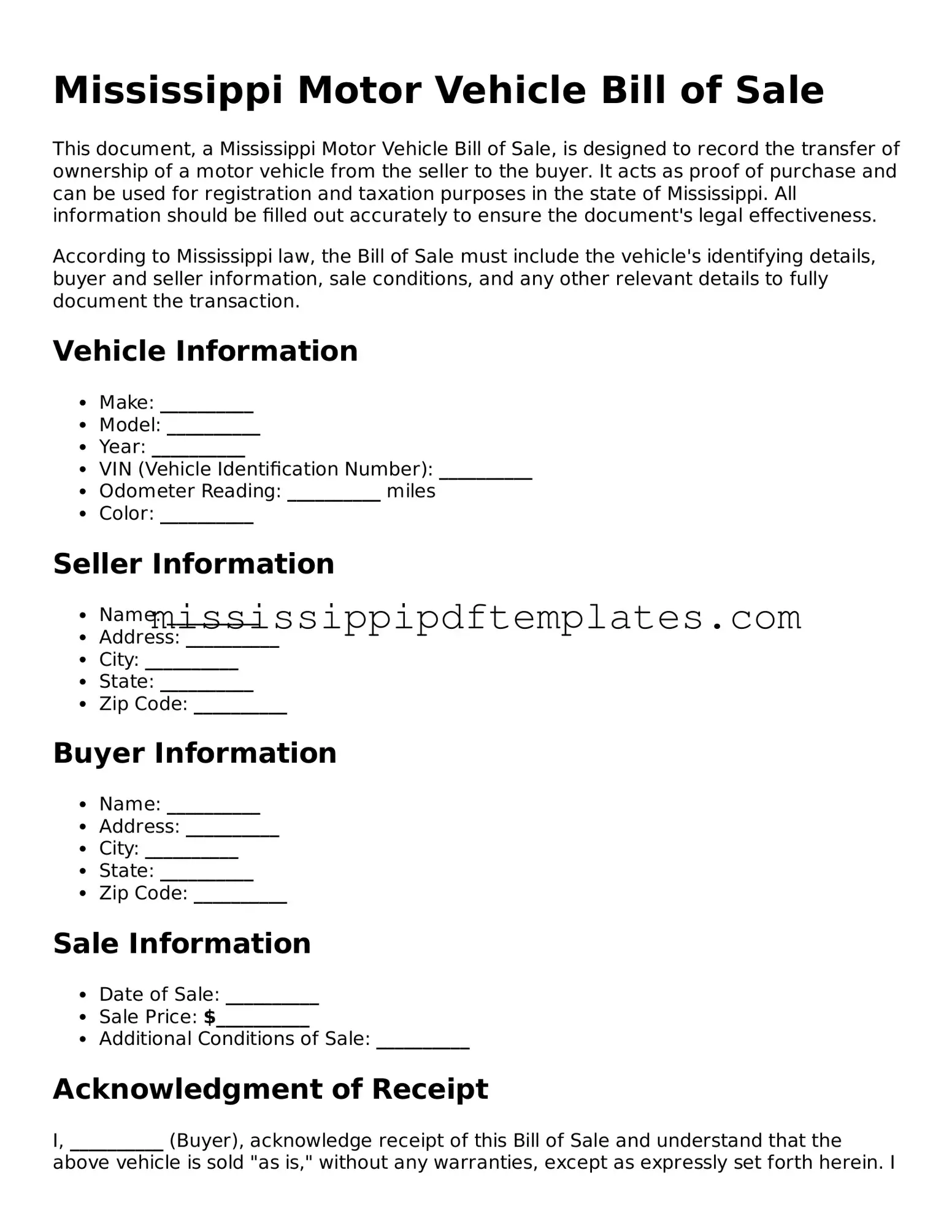 Attorney-Approved  Motor Vehicle Bill of Sale Template for Mississippi