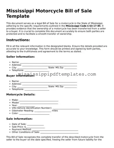 Attorney-Approved  Motorcycle Bill of Sale Template for Mississippi
