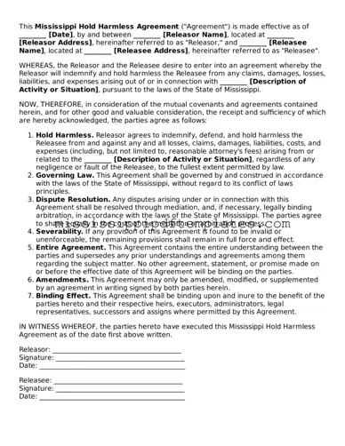 Attorney-Approved  Hold Harmless Agreement Template for Mississippi