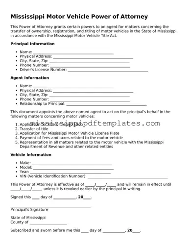 Attorney-Approved  Motor Vehicle Power of Attorney Template for Mississippi