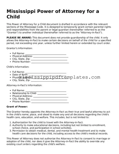 Attorney-Approved  Power of Attorney for a Child Template for Mississippi