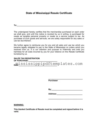 Fill in Your Mississippi Resale Certificate Template