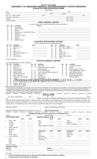 Fill in Your Mississippi Sports Medicine Athletics Physical Template